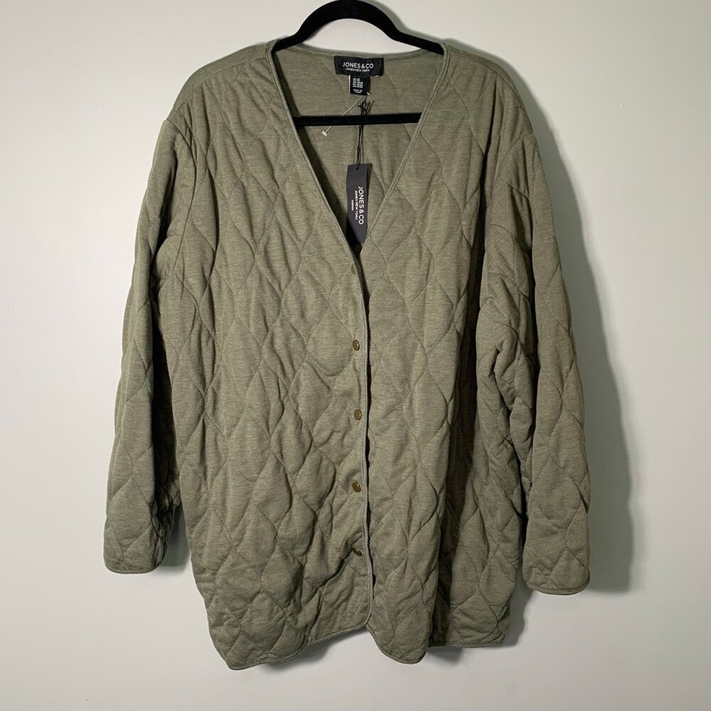 NEW Jones New York Quilted Cardigan Women 3X Olive Green Snap Front V-Neck